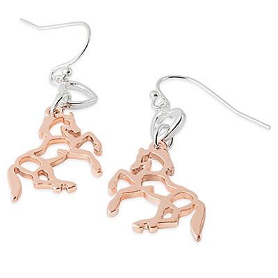 Rose Gold Horse Suspended From Silver Heart Earrings