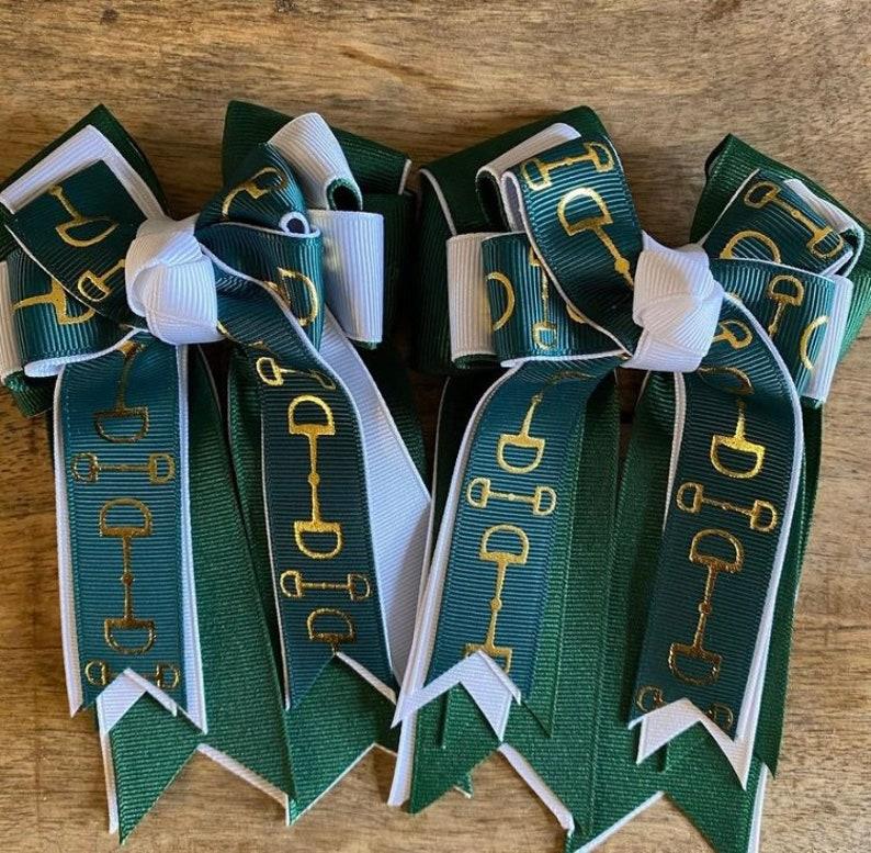  Horse Show Hair Bows, Hunter Green With Gold Snaffle Bits