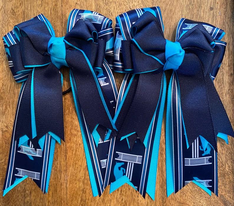 Horse Show Hair Bows, Navy With Aqua Ponies Jumping