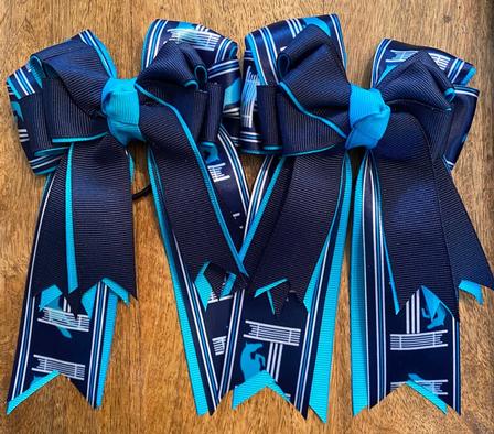 Horse Show Hair Bows, Navy with Aqua Ponies Jumping