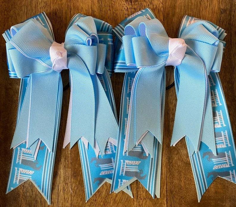Horse Show Hair Bows, Light Blue With Grey Ponies Jumping Stone Wall