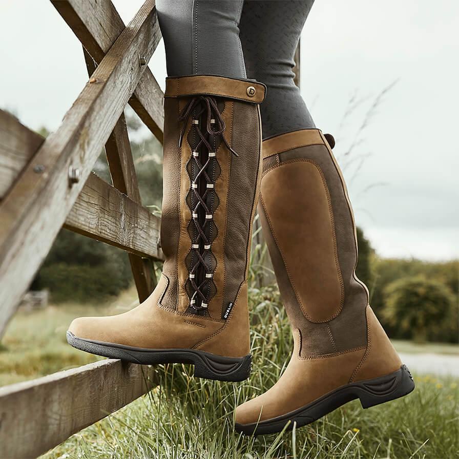 grey dress and brown boots