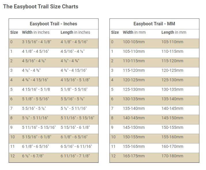 Easyboot Trail Size Chart